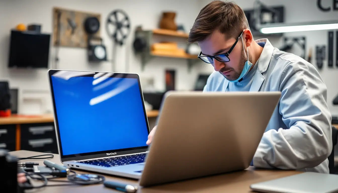 A technician repairing a MacBook in a repair centre