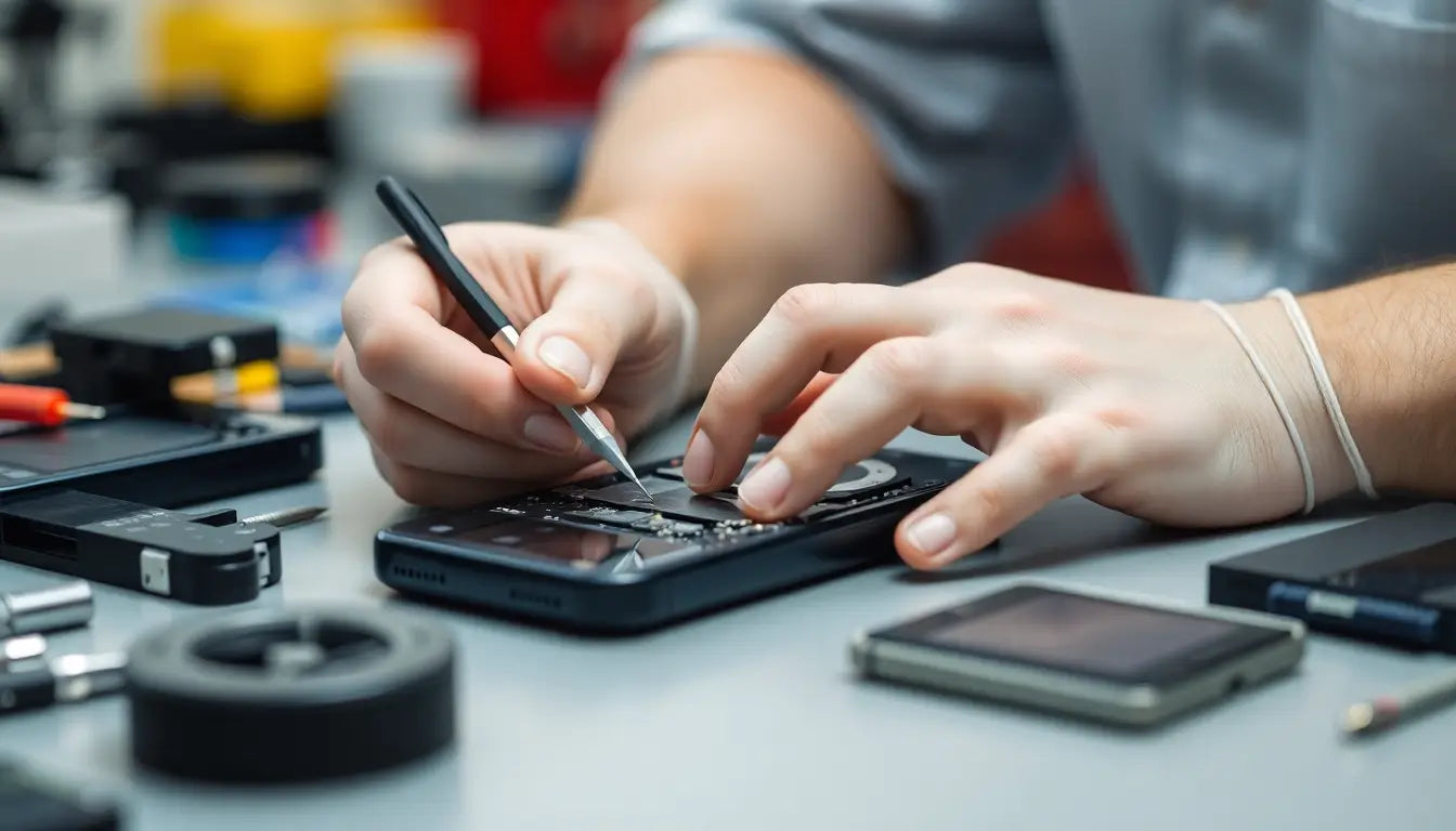A technician repairing an iPhone on a workbench
