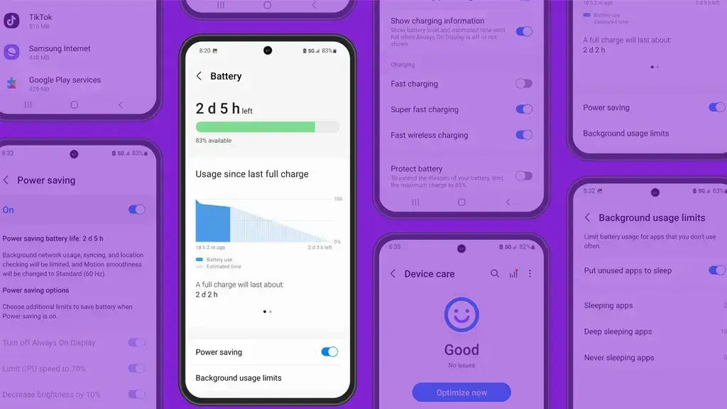 smartphone battery settings screen showing usage stats and power-saving options on a purple background.