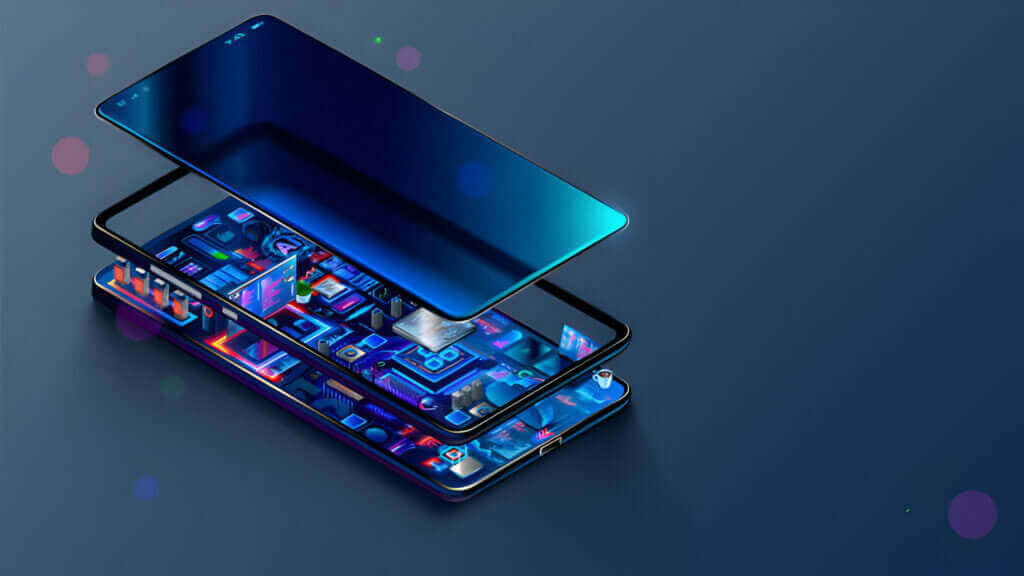 disassembled smartphone layers showcasing internal components and design elements in vibrant colors.