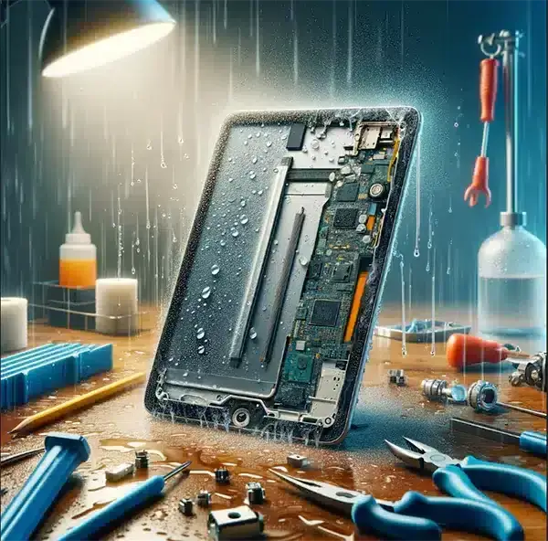 Android tablet disassembled on a repair table, surrounded by tools and droplets of water, showcasing internal components.