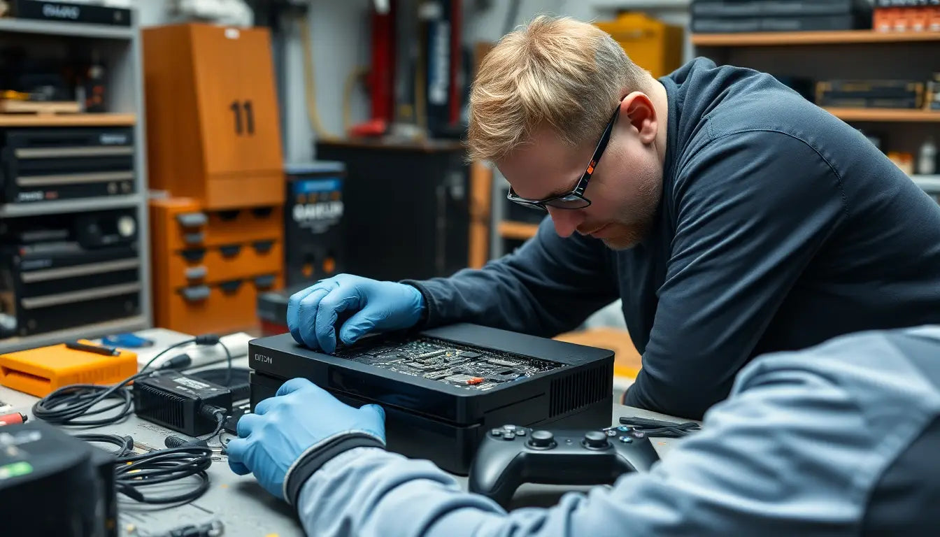 A technician repairing a gaming console in a repair Centre