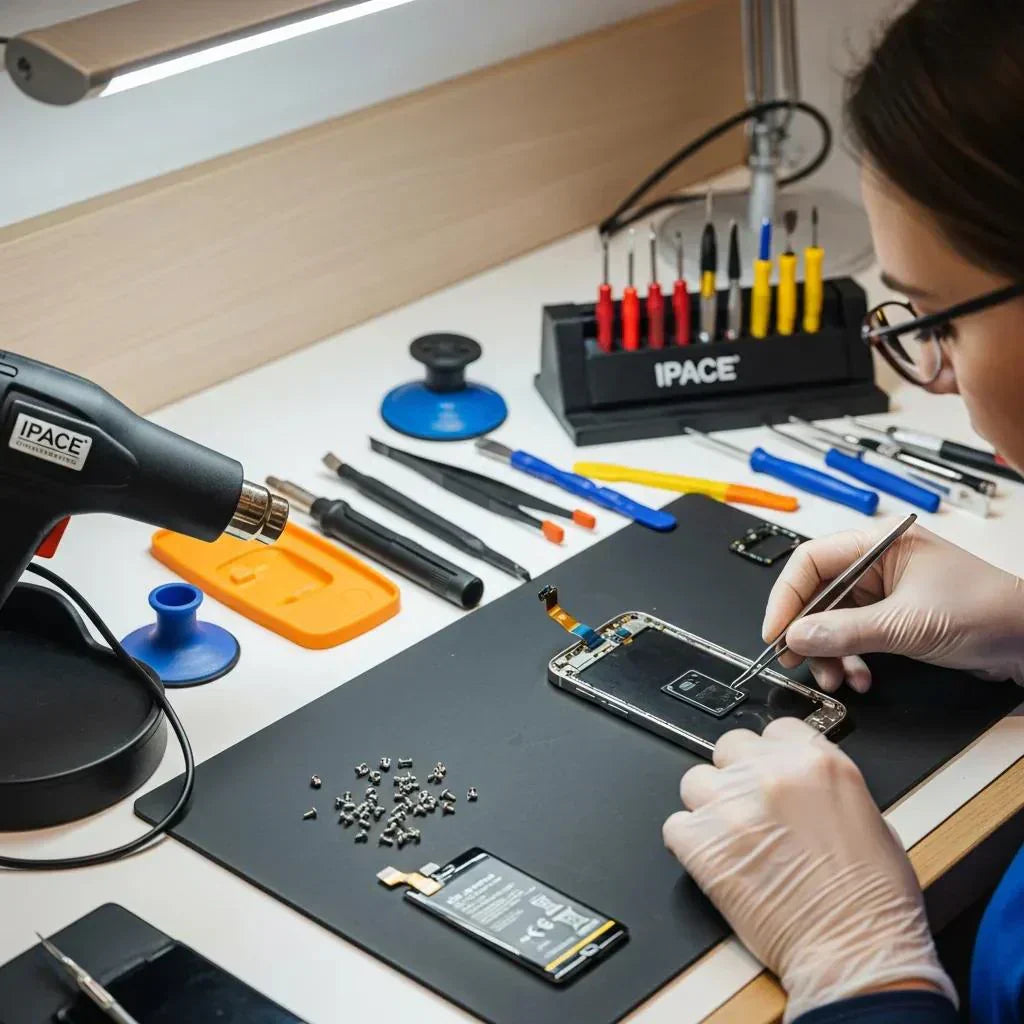 Technician repairing a smartphone at Ipace Electronics, highlighting phone repair services