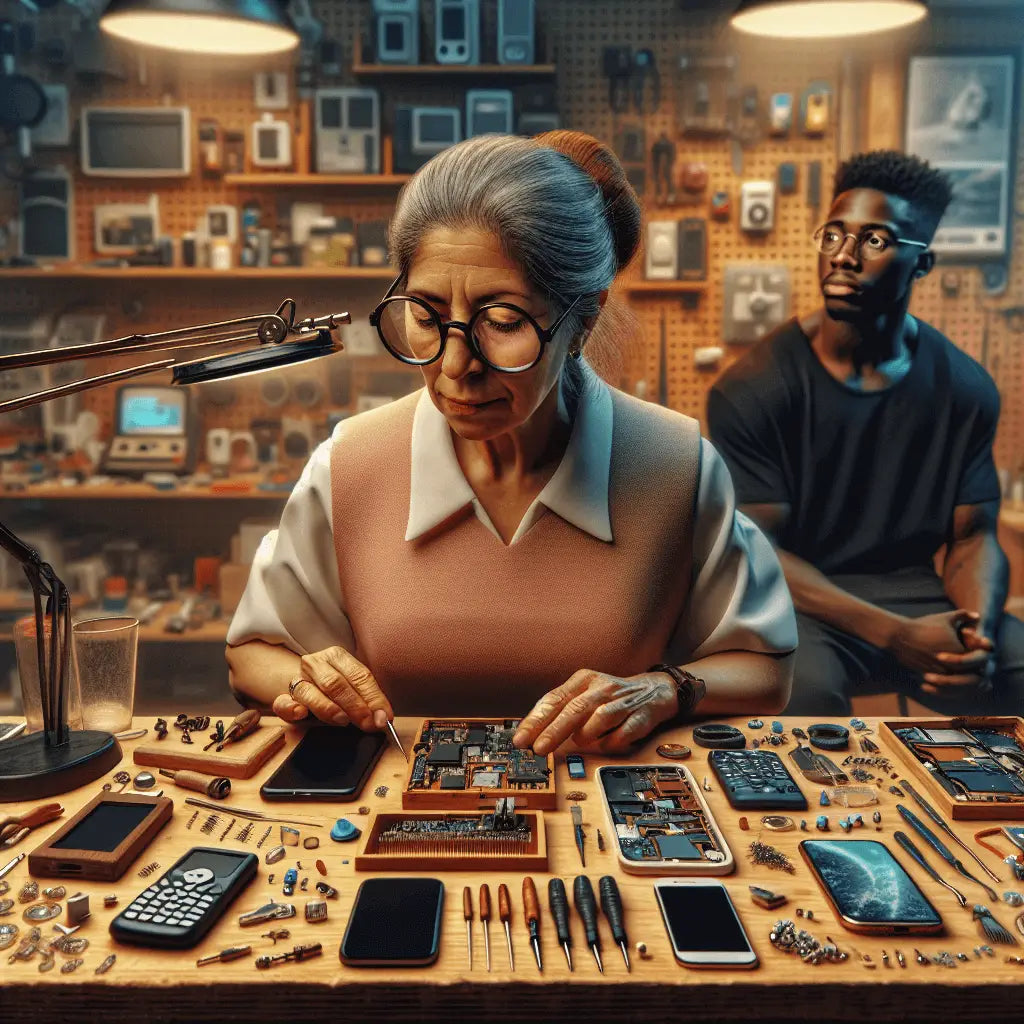 An elderly woman repairing smartphones with various tools and components on a work table, while a young man observes.