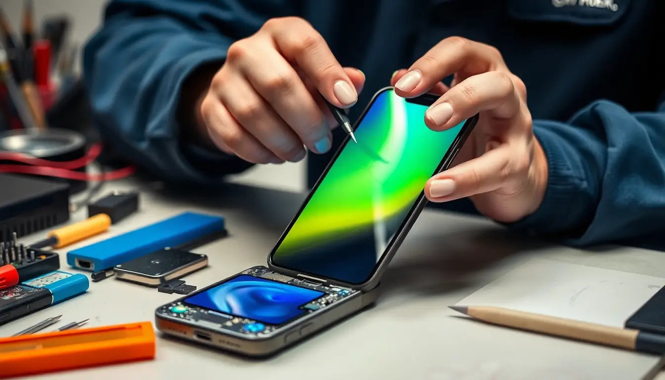 A technician repairing a smartphone on a workbench