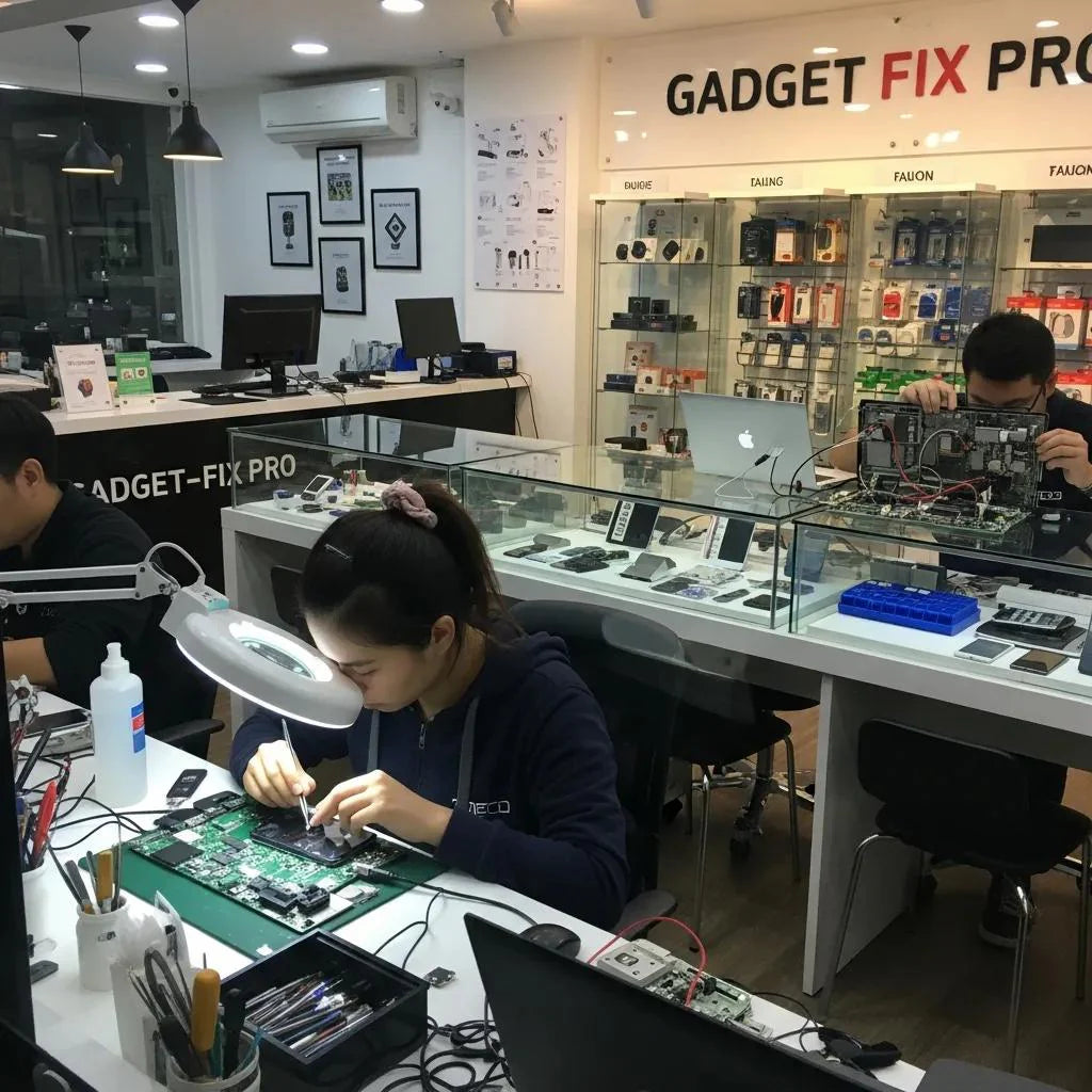 Electronics repair shop with technicians working on devices, emphasizing quality service and expertise