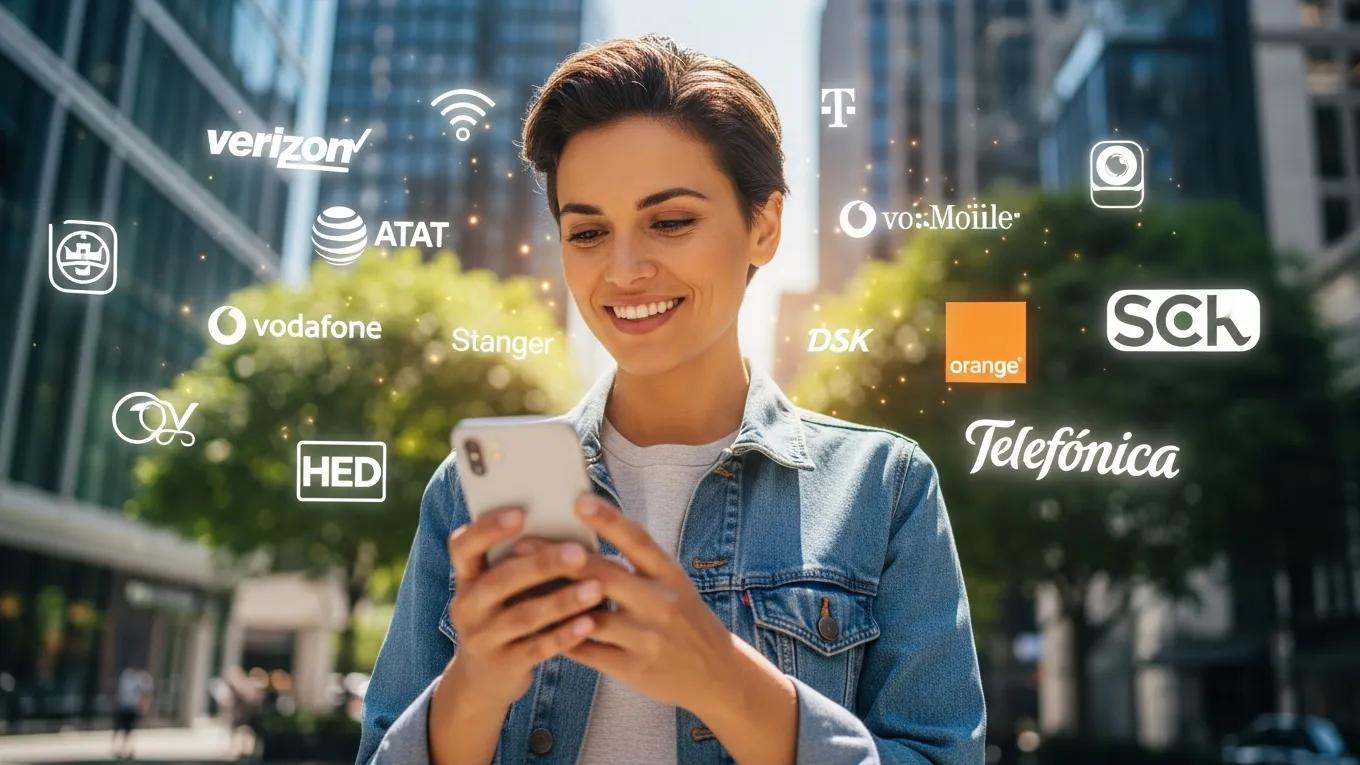 Person using a smartphone with various carrier logos in the background, representing phone unlocking services