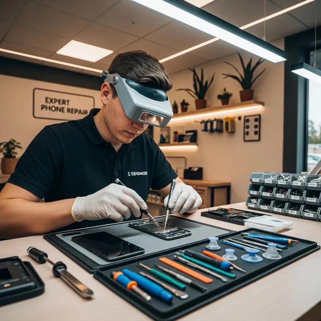 Professional phone repair technician working on a smartphone in a repair shop