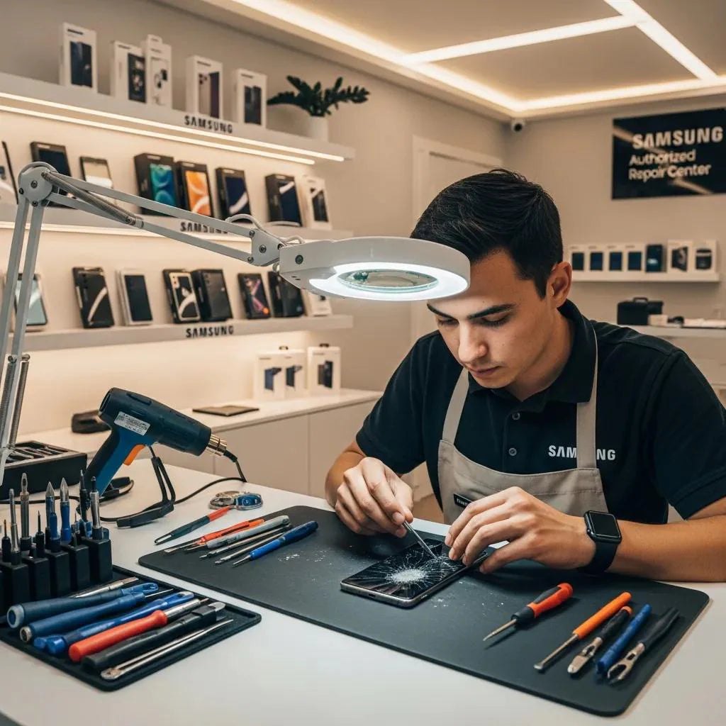 Technician repairing a Samsung phone with genuine parts in a modern repair shop