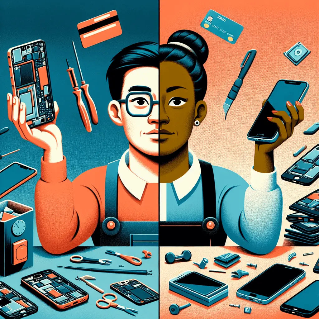 Illustration of a diverse repair assistant holding a smartphone and phone parts, surrounded by tools for iPhone and iPad repairs.