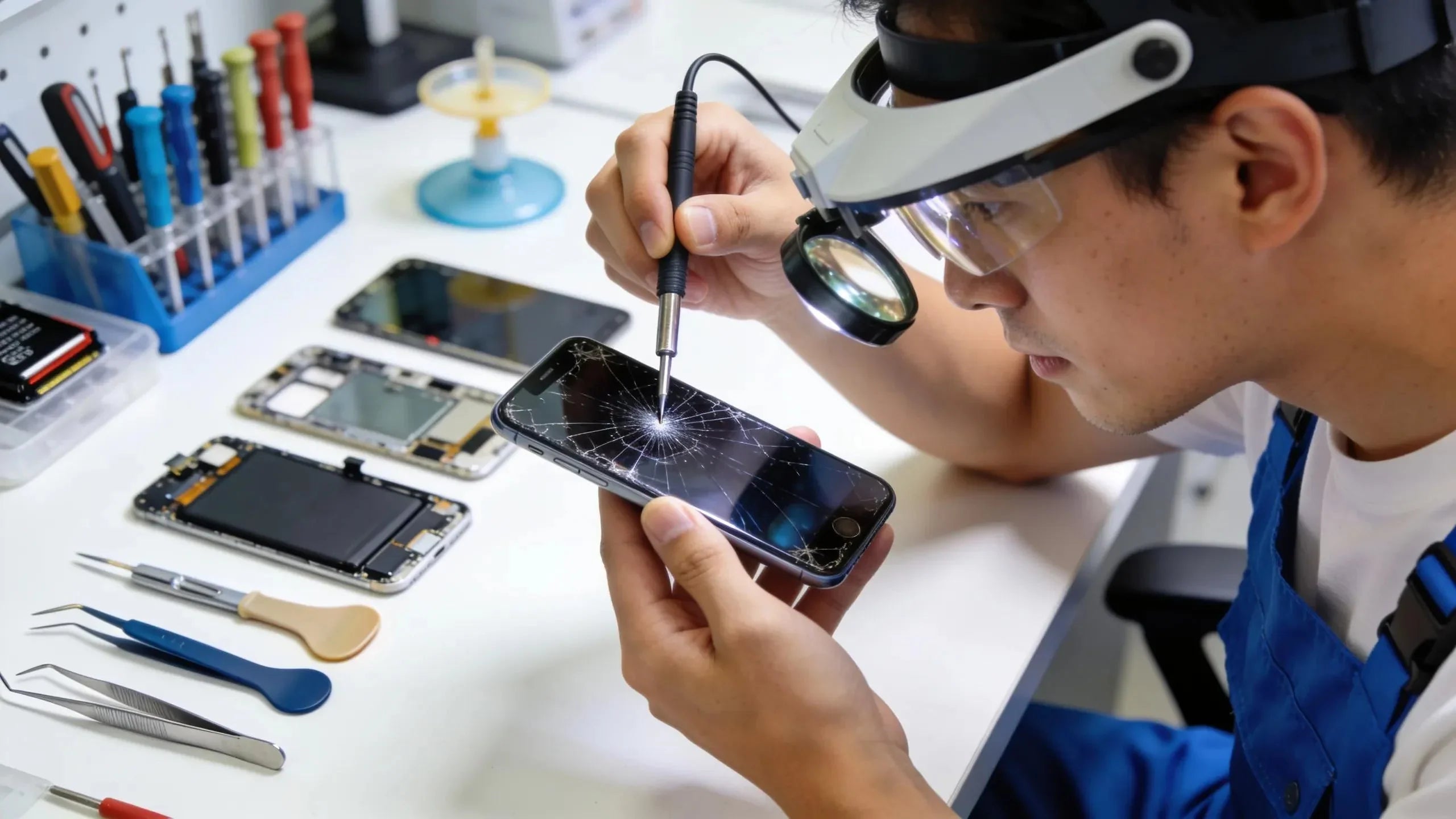 Professional technician repairing a smartphone screen in a well-equipped phone repair shop