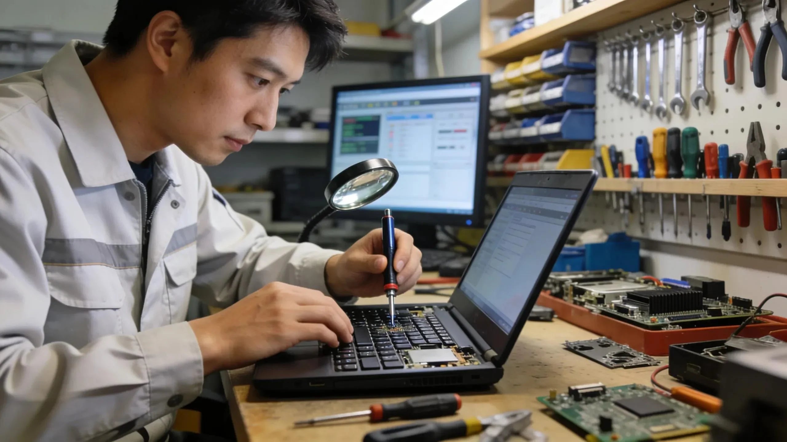 Technician diagnosing a laptop in a professional computer repair workshop