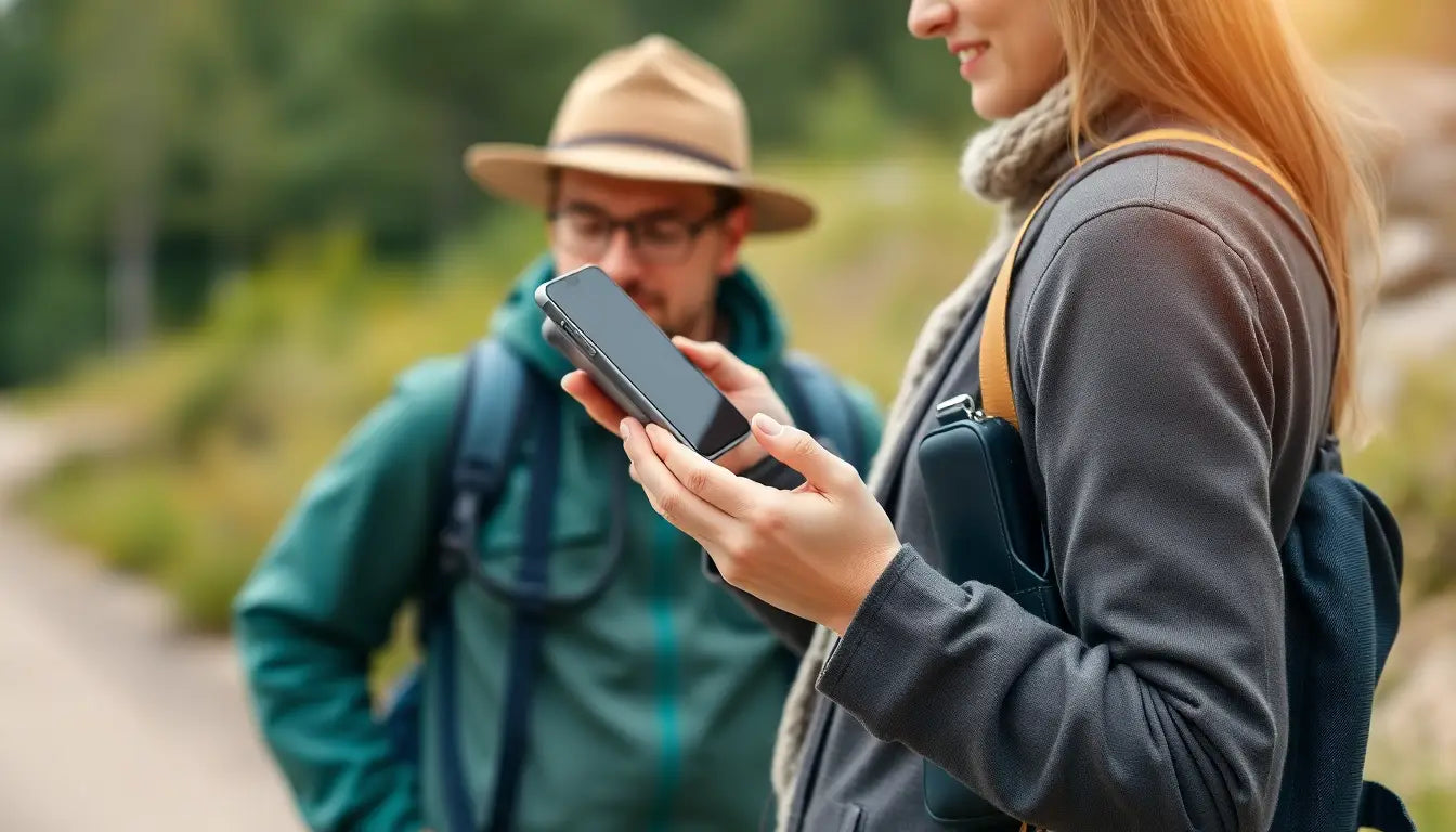 A traveler using essential phone accessories outdoors