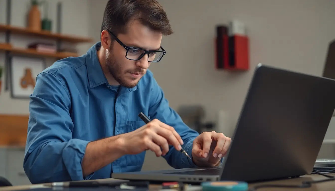 Technician repairing a laptop with focused expression