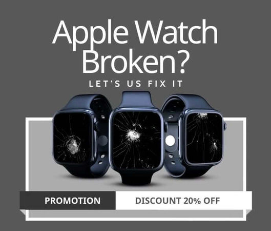 Apple Watch repair service promotion showcasing three broken watches with cracked screens and a 20% discount offer