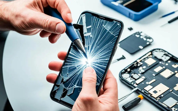 Expert performing phone repair services on a smartphone with a cracked screen and disassembled components