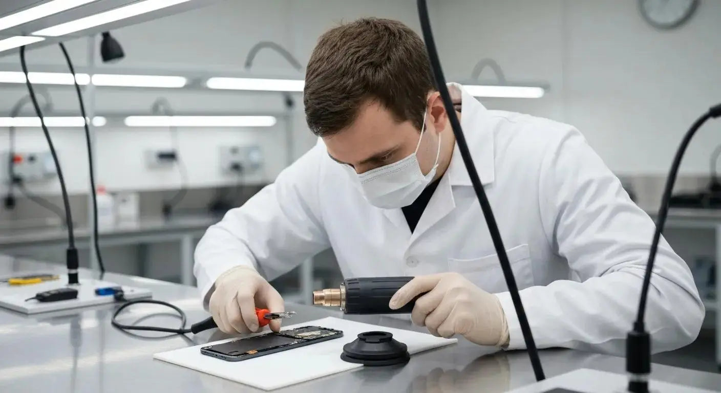 Technician disassembling a smartphone for screen replacement, illustrating the repair process
