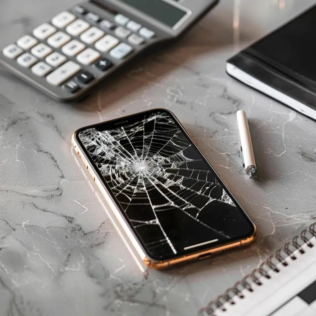 Smartphone with a cracked screen next to a calculator and notepad representing repair costs