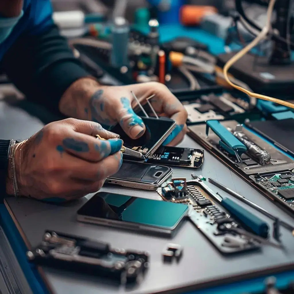 Technician performing a screen replacement on a smartphone in a repair shop
