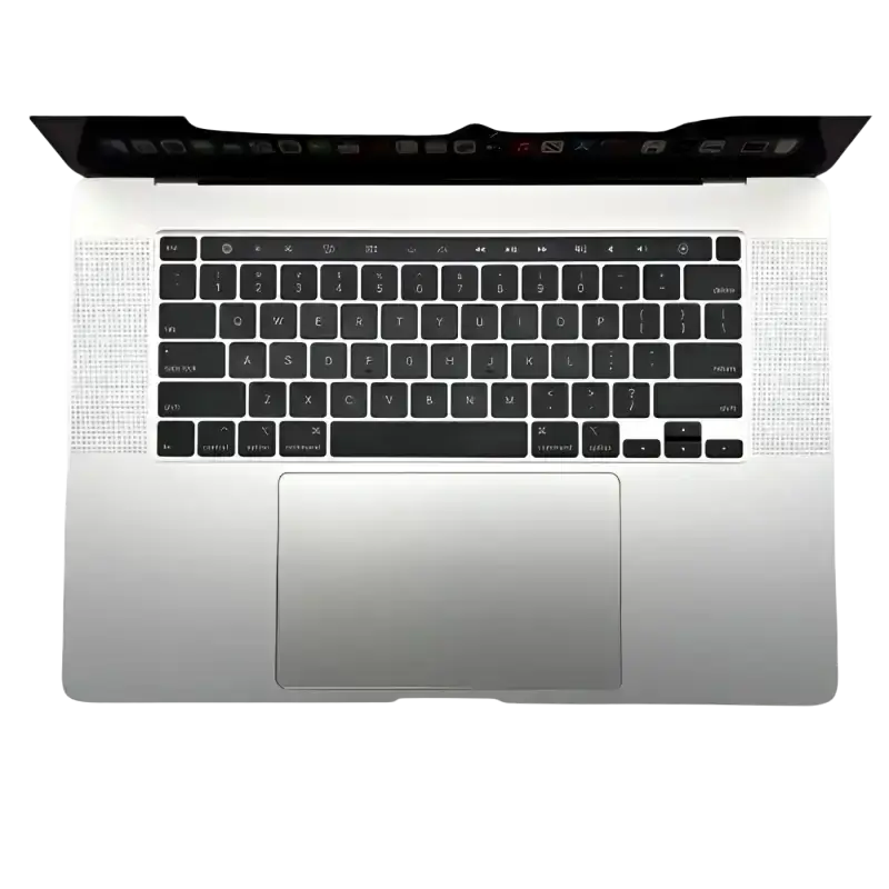 2019 Silver Apple MacBook Pro 16" Touchbar - Intel Core i7 - 16GB RAM - 512GB SSD opened from above.