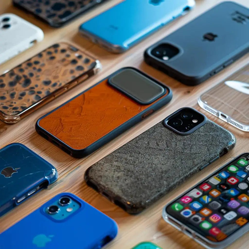 Variety of iPhone phone cases and screen protectors displayed on a table