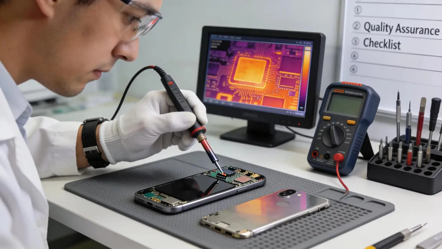Technician conducting quality assurance checks on a repaired smartphone to ensure optimal performance