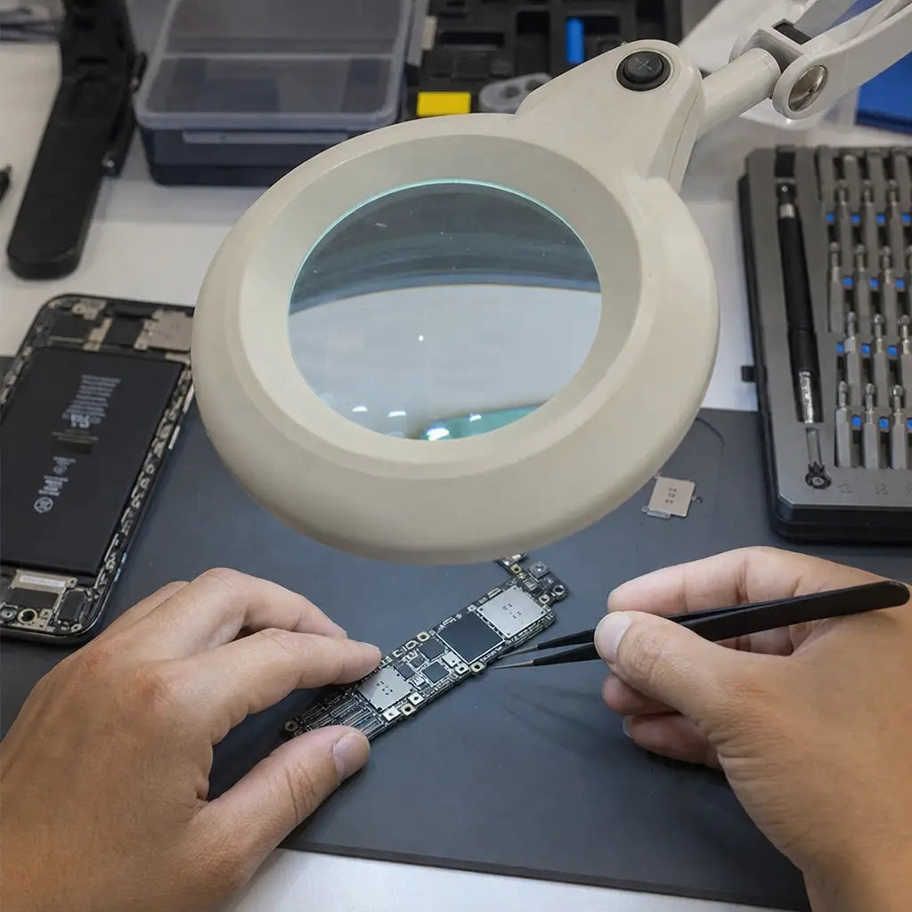 Using a magnifying lamp and tweezers to inspect a smartphone logic board