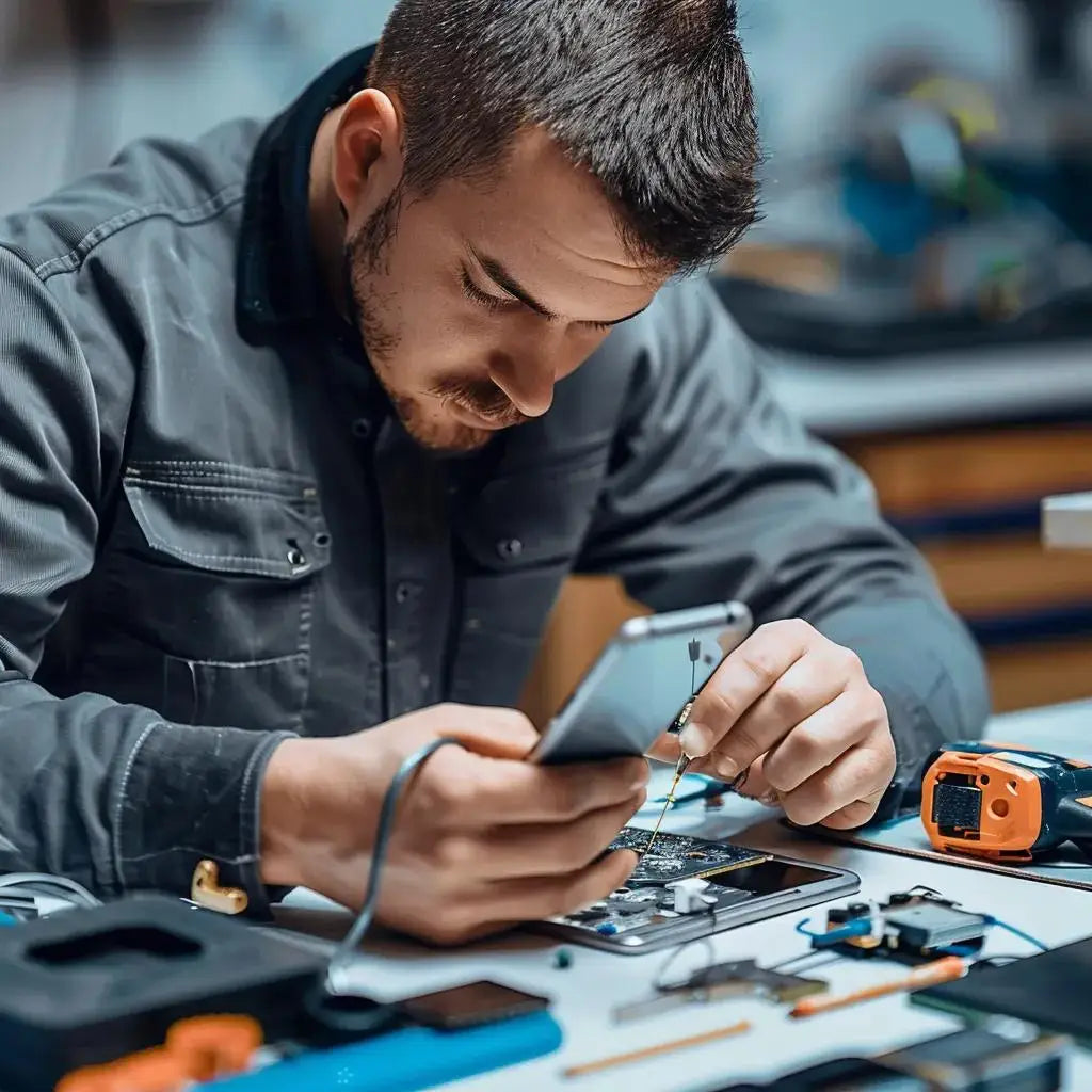 Professional phone repair technician working on a smartphone in a modern repair shop