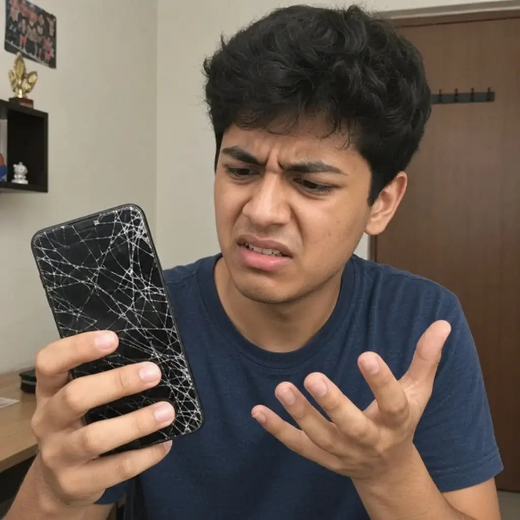 A person looking frustrated at a severely cracked smartphone screen