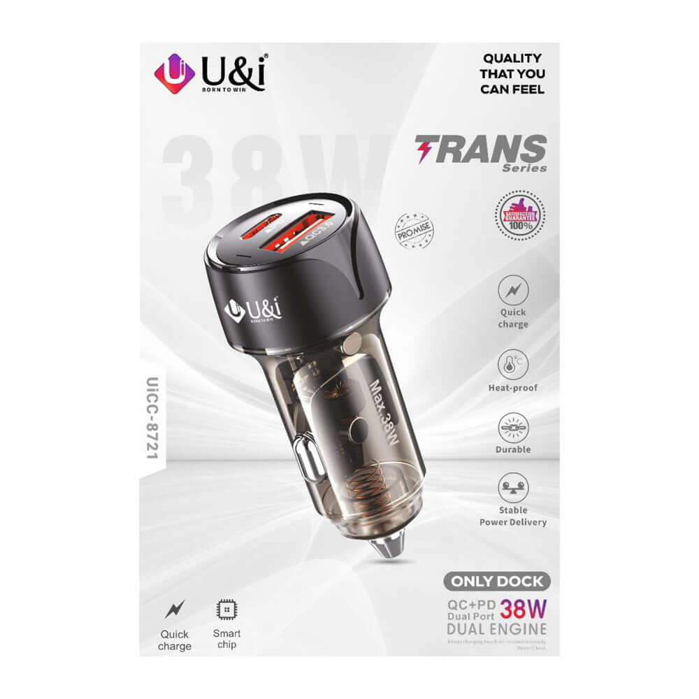 UI 38W DUAL PORT CAR CHARGER WITH USB A TO TYPE C CABLE-8721