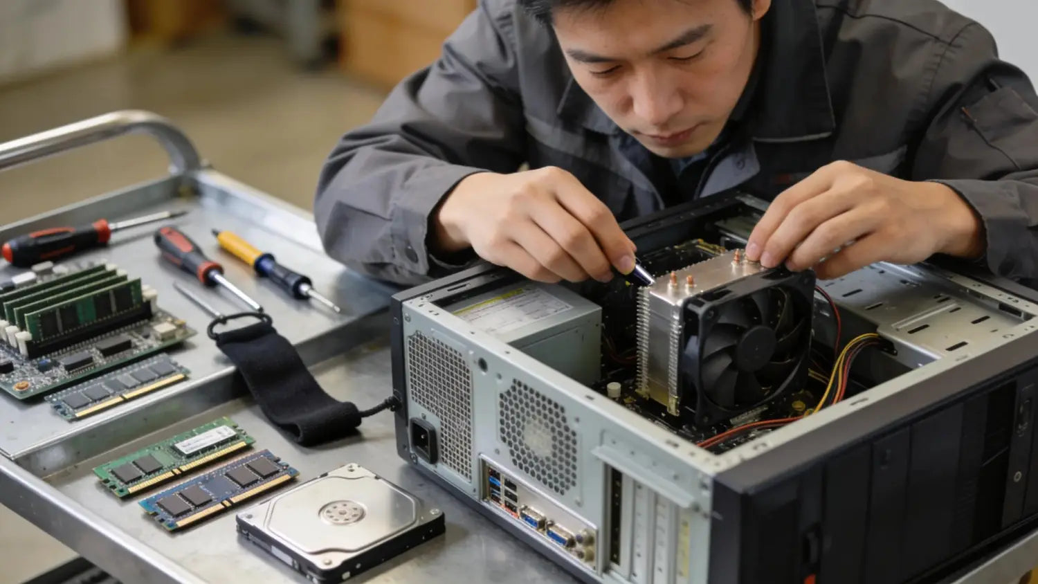 Technician working on virus removal from a desktop computer