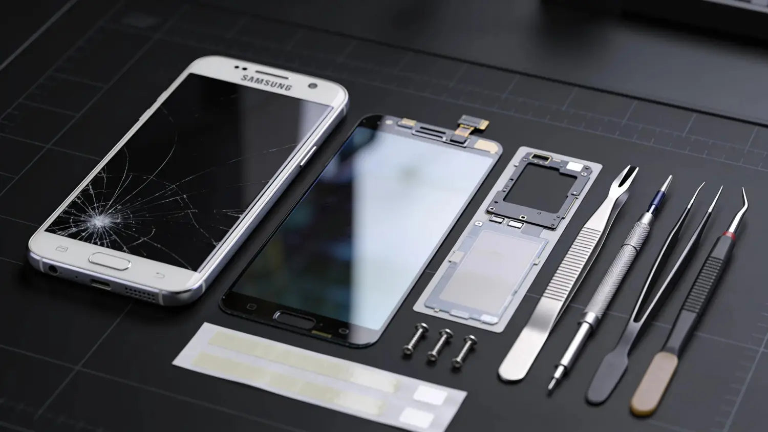 Samsung phone with a cracked screen alongside high-quality replacement parts and repair tools