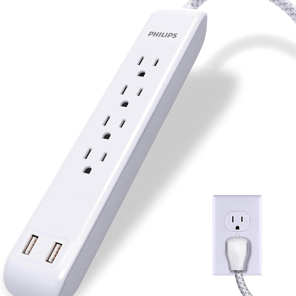 Philips 4 Outlet Power Strip Surge Protector with 2 USB Ports, 4 Ft Power Cord