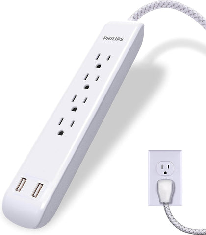 Philips 4 Outlet Power Strip Surge Protector with 2 USB Ports, 4 Ft Power Cord