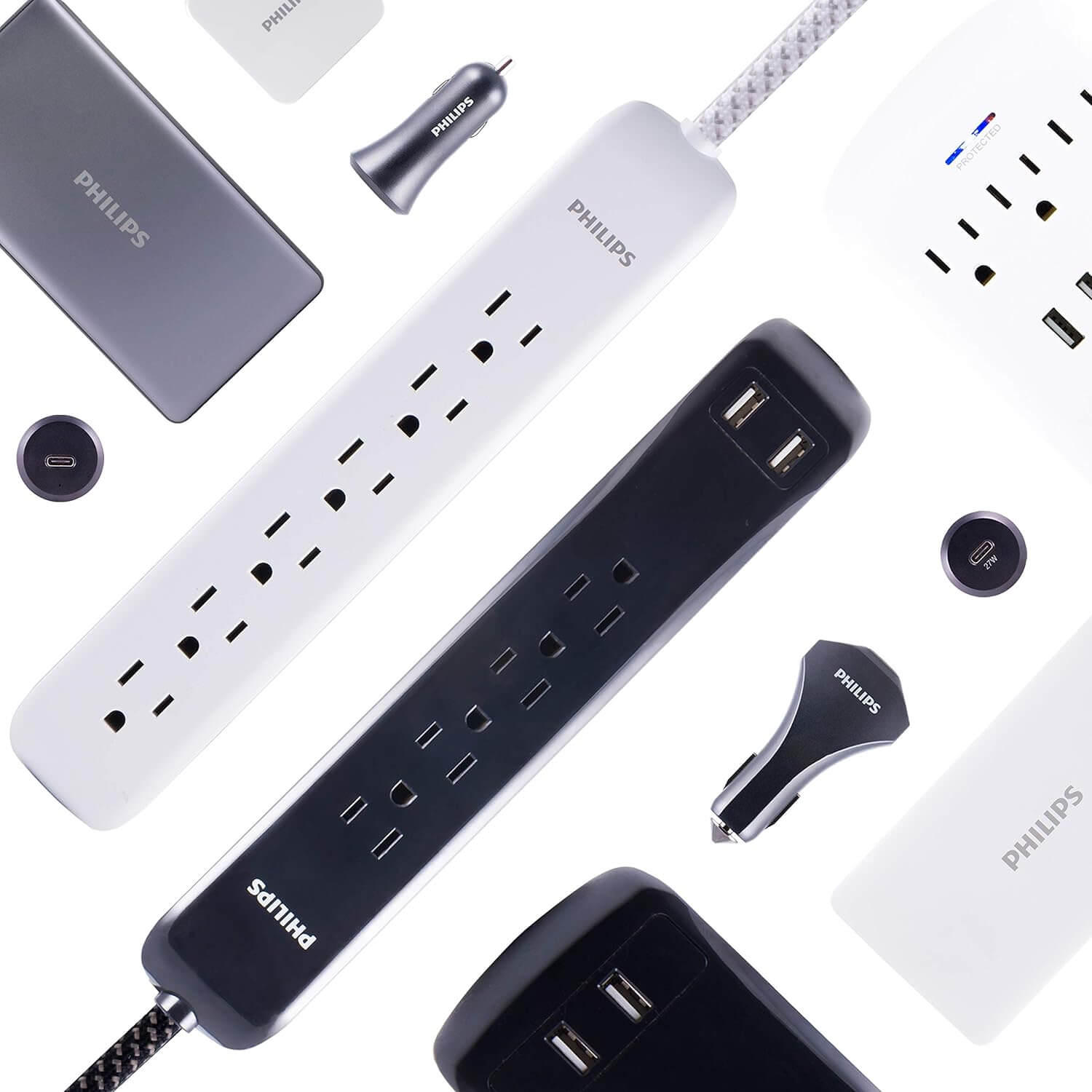 Philips 4 Outlet Power Strip Surge Protector with 2 USB Ports, 4 Ft Power Cord