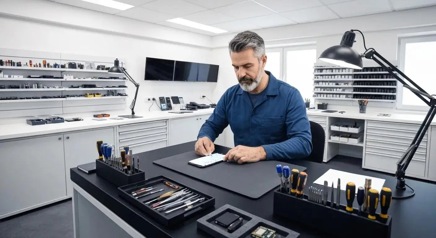 Our skilled technician meticulously repairs a smartphone screen in our state-of-the-art electronics repair center.