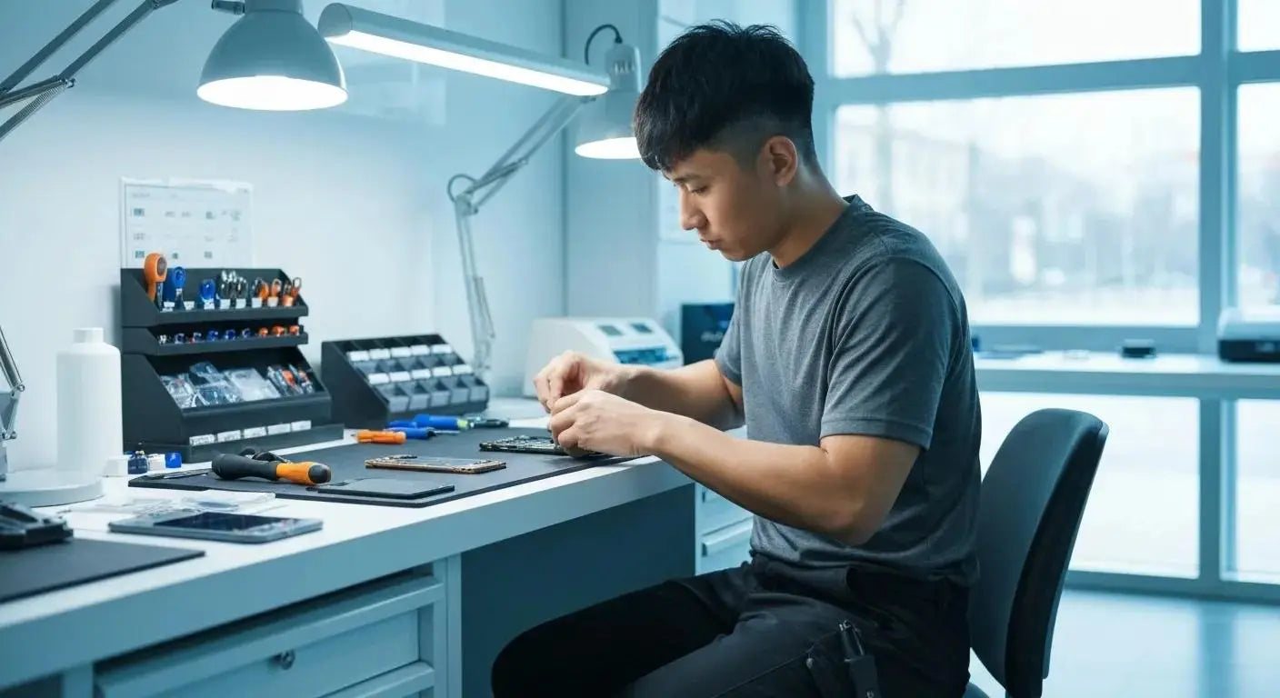 Technician repairing a smartphone in a modern repair shop, highlighting phone repair services