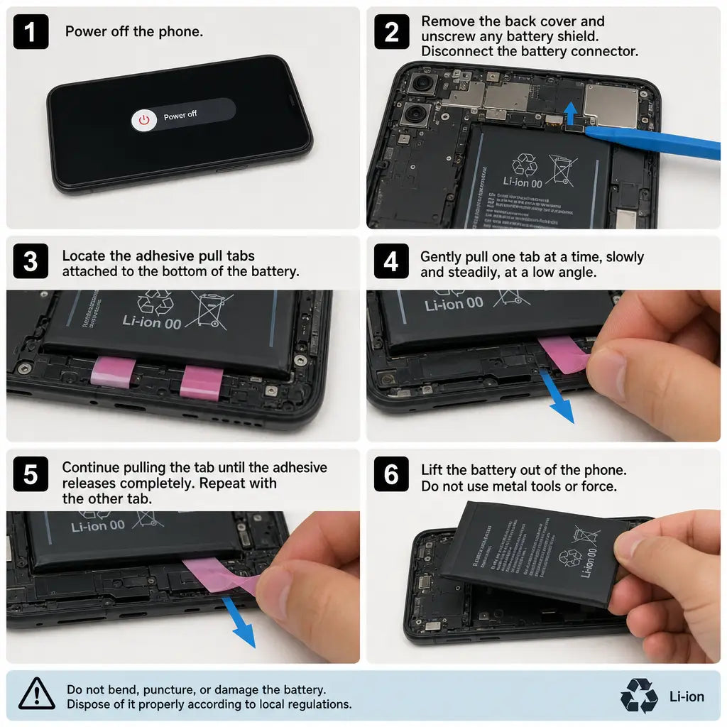 Safely removing a lithium-ion battery from a mobile phone using adhesive pull tabs