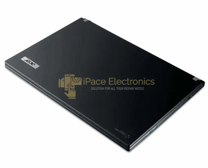 Acer TravelMate P648 laptop closed view, showing logo, model name, and sleek black design.