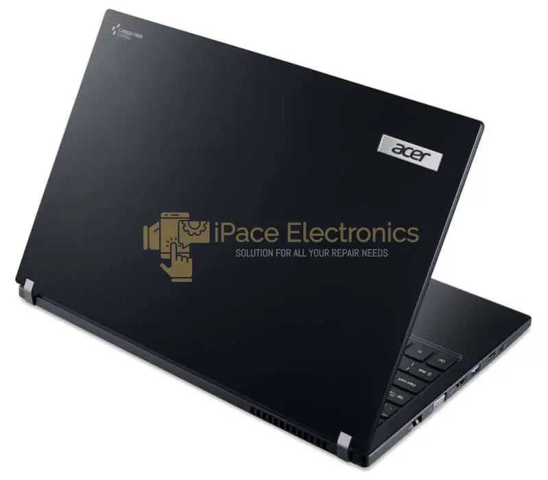 Acer TravelMate P648 laptop with Intel i7 processor, 256GB SSD and 8GB RAM, view of rear cover and side profile.