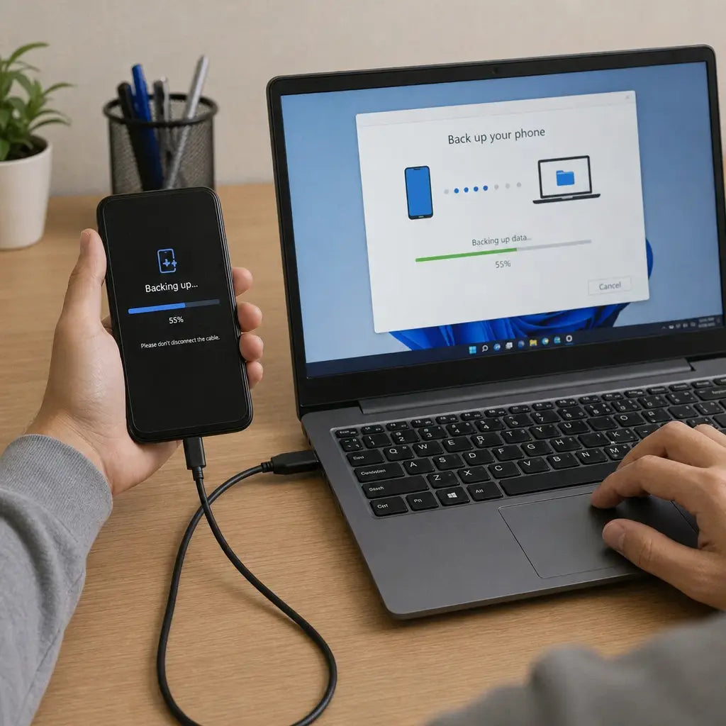 A user backing up smartphone data to a laptop computer using a USB cable