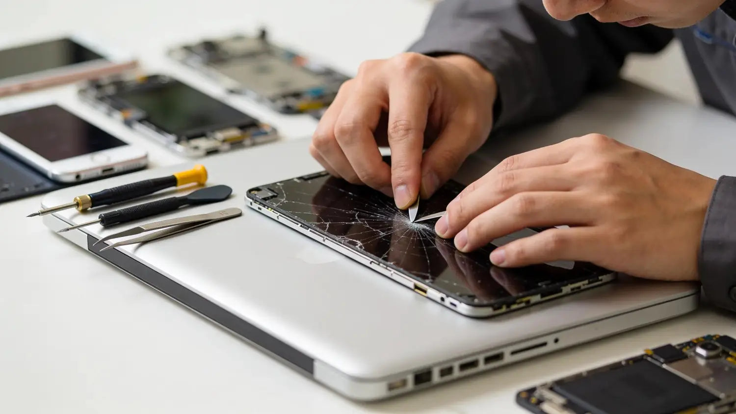 Technician repairing a cracked laptop screen in a busy repair shop