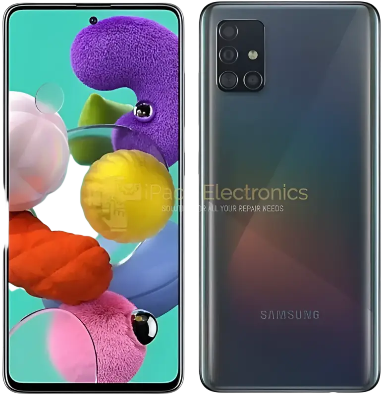 Affordable Galaxy A51 unlocked phone displaying front and back views with vibrant colors