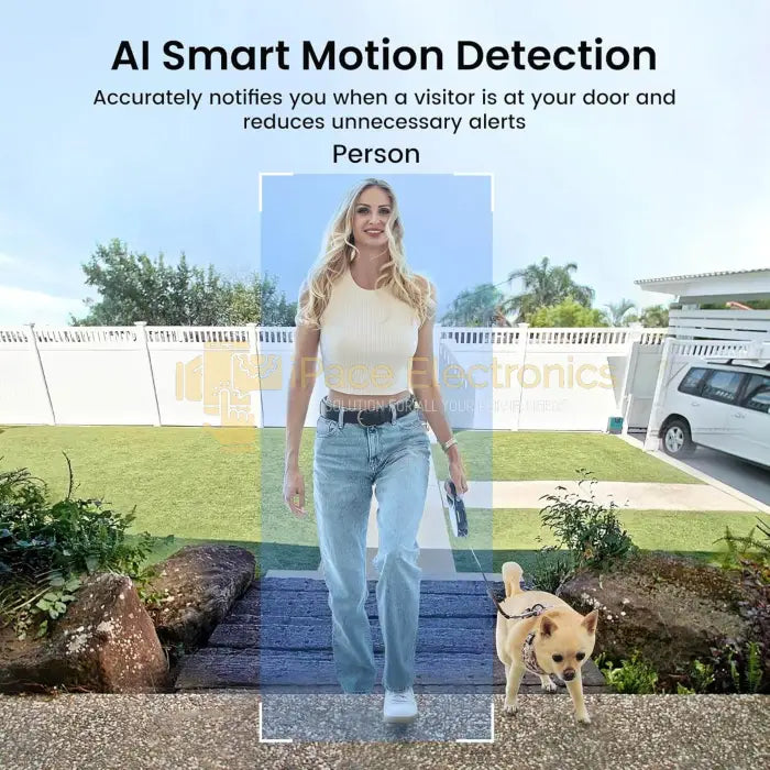 Woman walking a dog detected by AI Smart Motion feature of a home security system, promoting accurate visitor alerts and reduced false alarms.