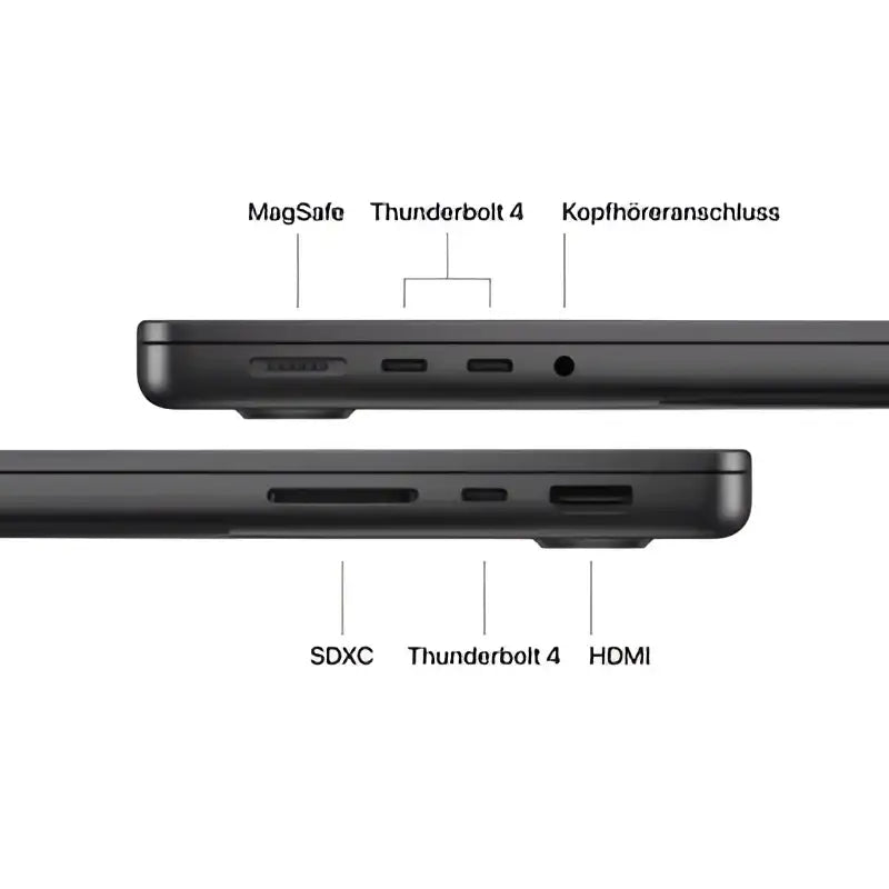 Black 14-inch macbook pro with sleek aluminum chassis and multiple ports including magsafe thunderbolt 4 hdmi and sdxc slot