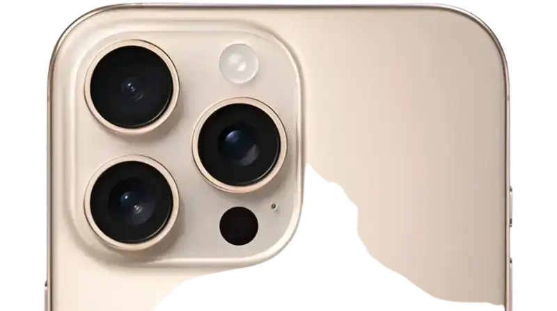 Close-up of Apple iPhone 16 Pro Max 256GB Deset Titanium showing triple camera system and sleek design