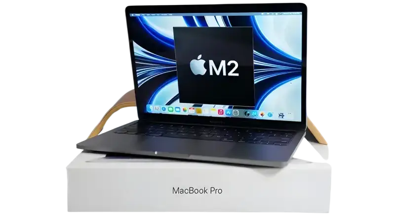 Apple MacBook Pro 13.3 inch M2 for sale on a white box with vibrant display and Apple logo