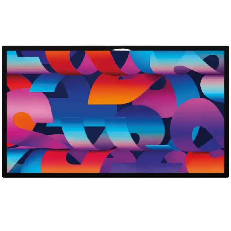 A sleek black-framed apple studio display with nano-texture glass and vesa mount adapter showing vibrant abstract wallpaper