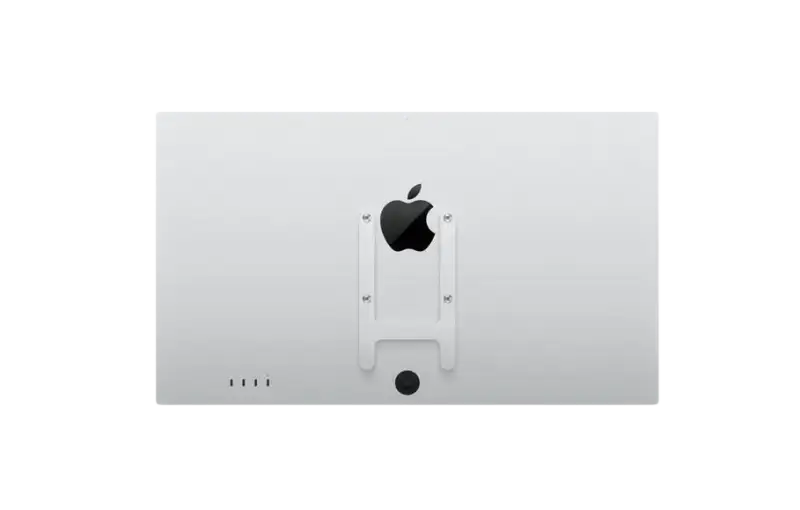 White apple imac with glossy finish and black logo on back shown with apple studio display nano-texture glass vesa mount adapter