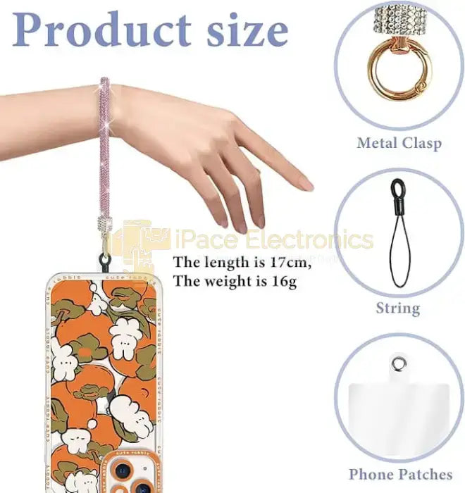 Diagram showing the size and components of a mobile phone case with a glitter pearl diamond-encrusted chain lanyard, including metal clasp and string details